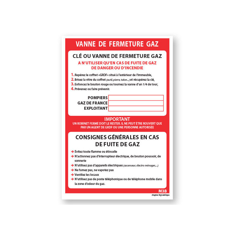 Panneau consigne Vanne de fermeture gaz M3B